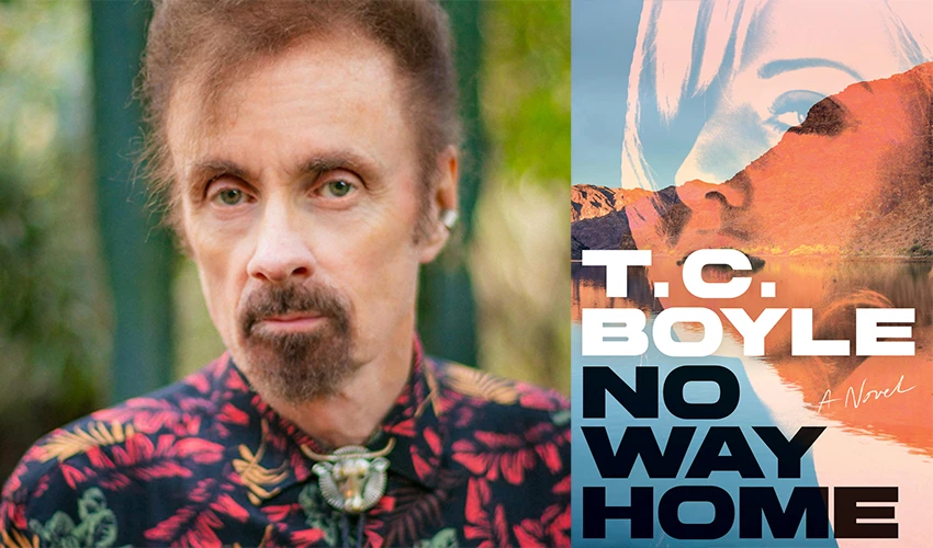 side by side images of author portrait on the left with a goateed man in a colorful shirt and the cover of his book on the right featuring the authors name and book title and duotone image of a person in profile